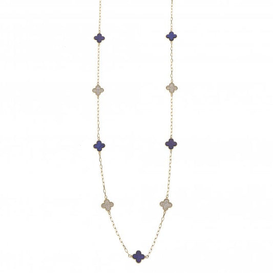 Gold Plated Cross Long Necklace in Navy Stone