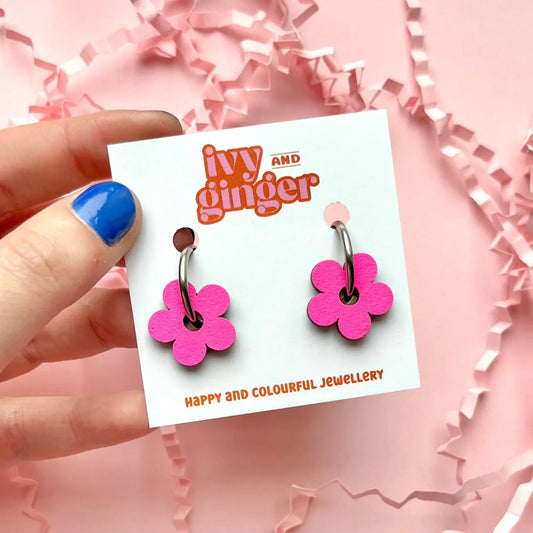 Neon hand painted wooden flower statement hoop earrings