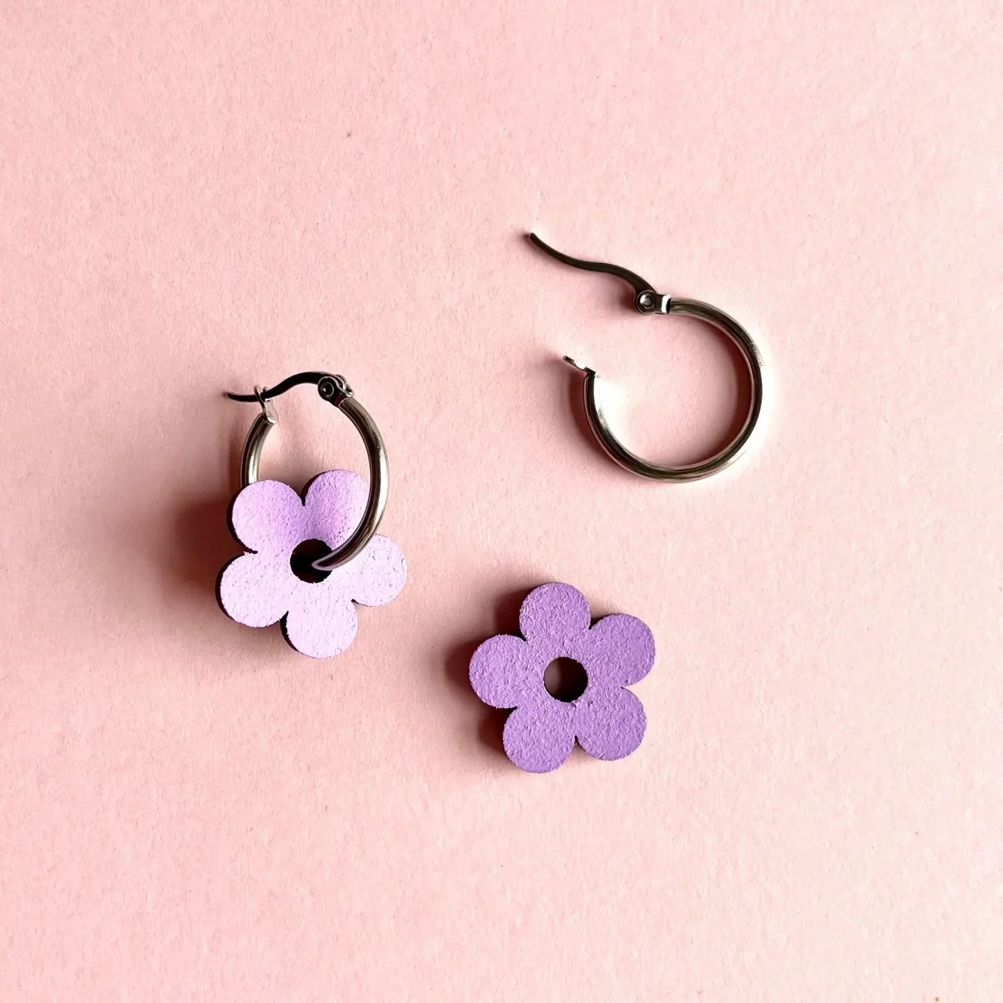 Lilac hand painted wooden flower hoop earrings