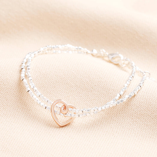 Scribble Heart Charm Layered Beaded Bracelet in Rose Gold