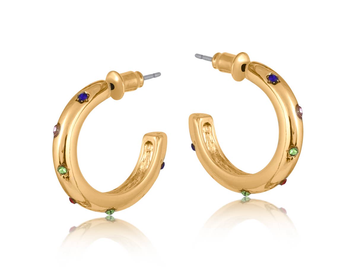 GINETTE RAINBOW STONES SMALL HOOP EARRINGS: GOLD