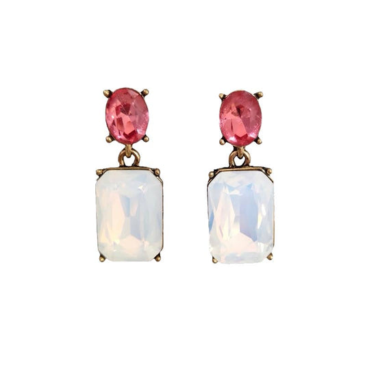 Oval Twin Gem Post Earring in Ice White & Pink