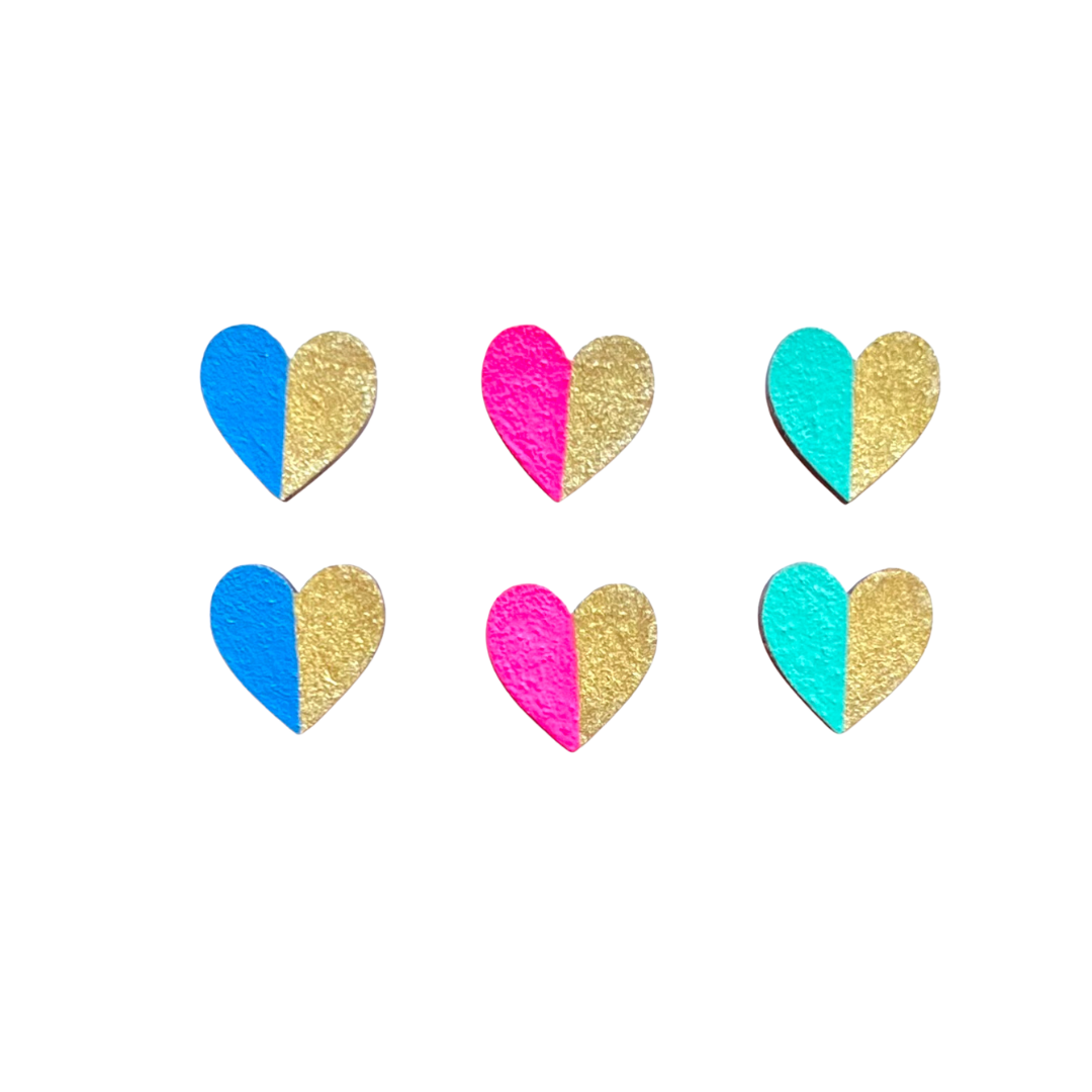 Gold edge hearts set brights wooden statement earrings