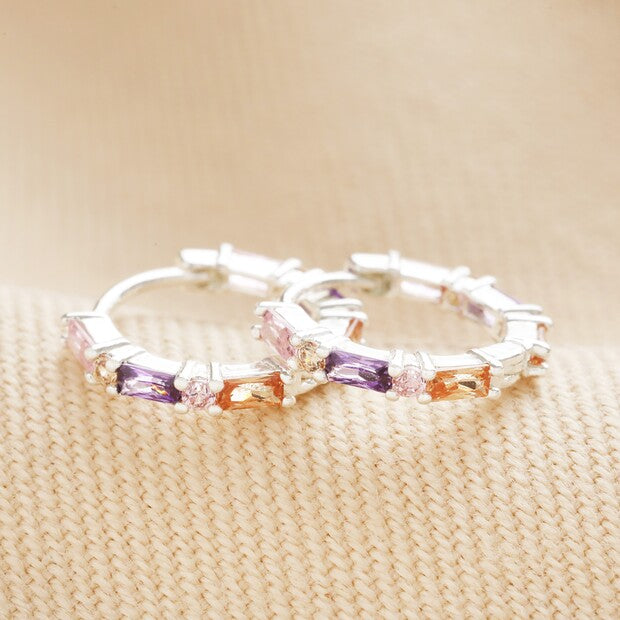 Lisa Angel - Pastel Baguette Crystal Huggie Hoop Earrings in Silver