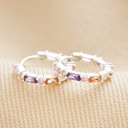 Lisa Angel - Pastel Baguette Crystal Huggie Hoop Earrings in Silver