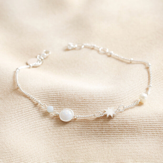 Lisa Angel - Pearl and Crystal Moon and Stars Bracelet in Silver