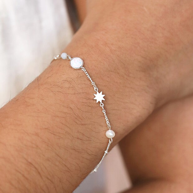 Lisa Angel - Pearl and Crystal Moon and Stars Bracelet in Silver