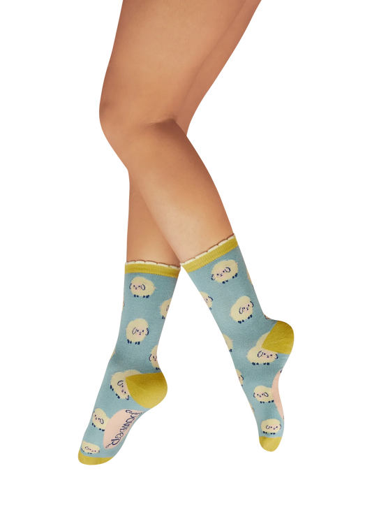 Ladies' Ankle Socks - Marshmallow Sheep - Ice Blue