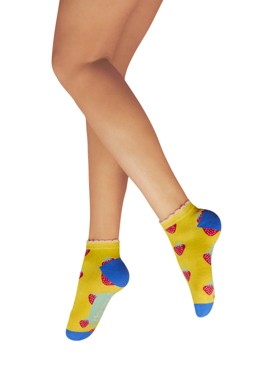 Ladies Trainer Socks - Succulent Strawberries - Mustard