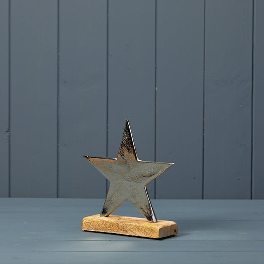 Silver Star on Wooden Base - 17cm