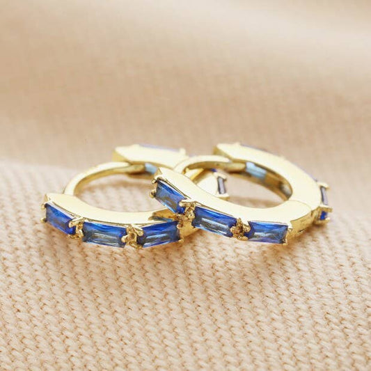 Blue Baguette Crystal Huggie Hoop Earrings in Gold