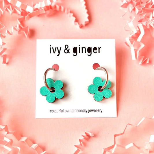 Teal hand painted wooden flower hoop earrings eco friendly