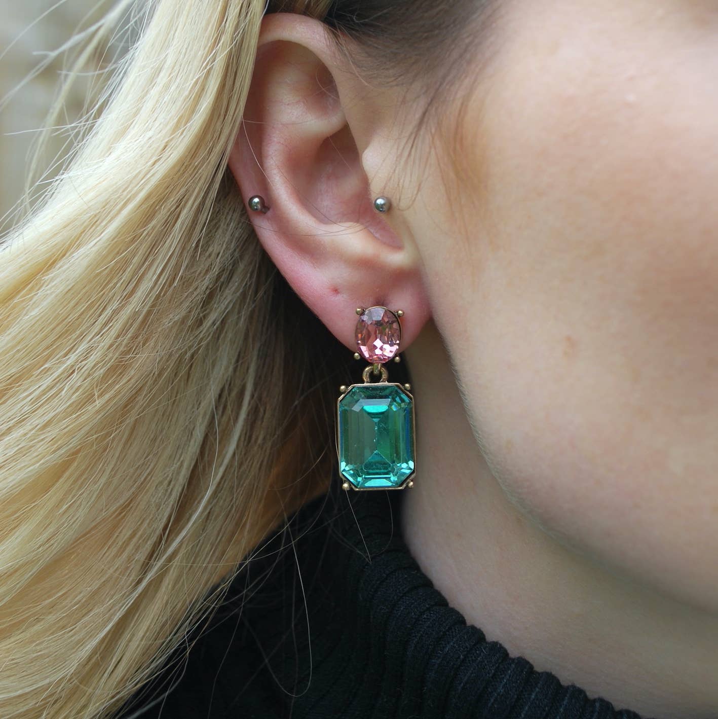 Oval Twin Gem Post Earring in Green & Peach