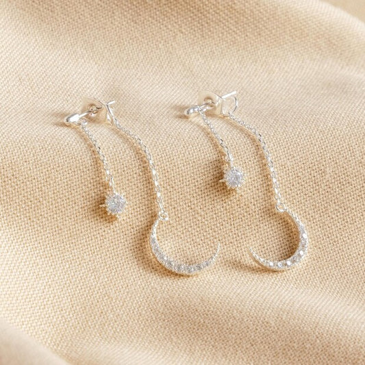 Lisa Angel - Crystal Star and Moon Double Drop Earrings in Silver