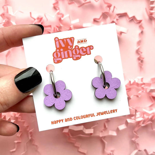 Lilac hand painted wooden flower hoop earrings