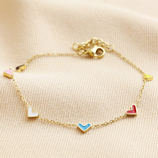 Gold Stainless Steel Rainbow Enamel Heart Charm Bracelet