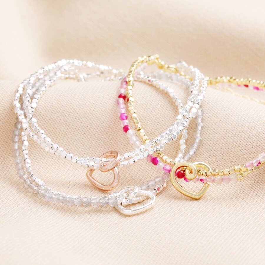 Scribble Heart Charm Layered Beaded Bracelet in Rose Gold