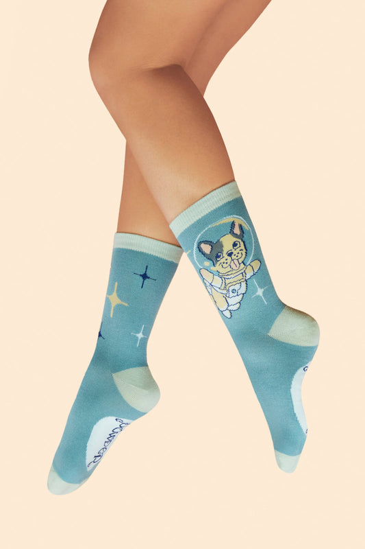 Powder Frenchie in Space Ladies Ankle Socks